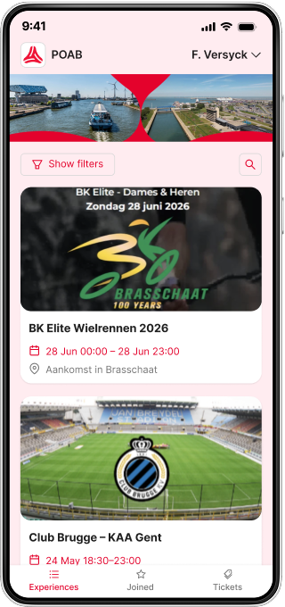 Port of Antwerp-Bruges app showing the sponsorship experiences list